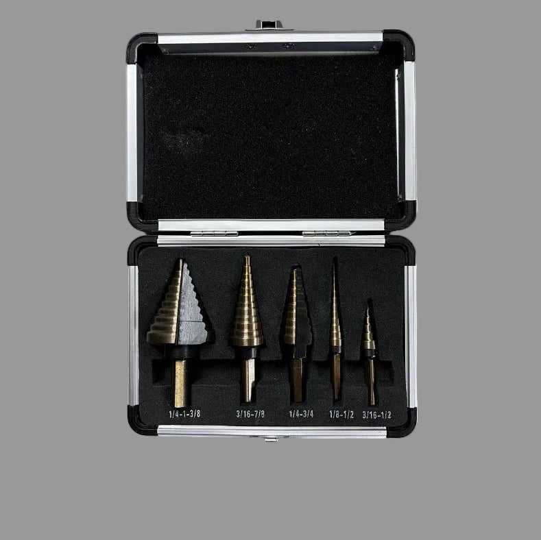 obalt titanium step drill bit set with 6 tapered bits in aluminum carrying case, labeled with size ranges.||