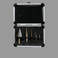 obalt titanium step drill bit set with 6 tapered bits in aluminum carrying case, labeled with size ranges.||