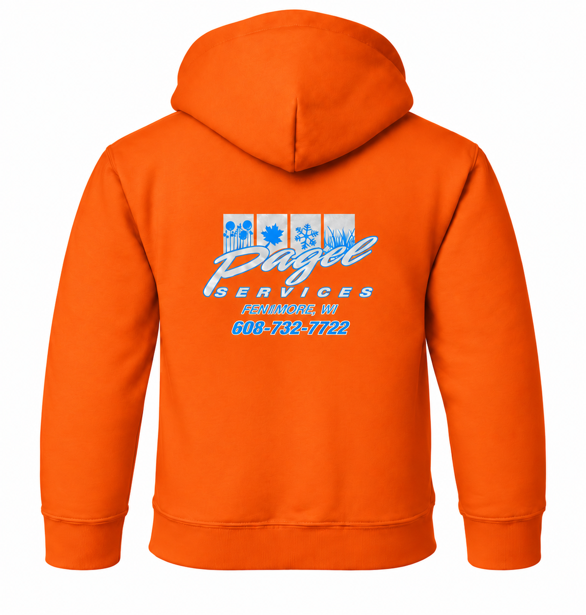 Youth Pagel Services orange hoodie — back view