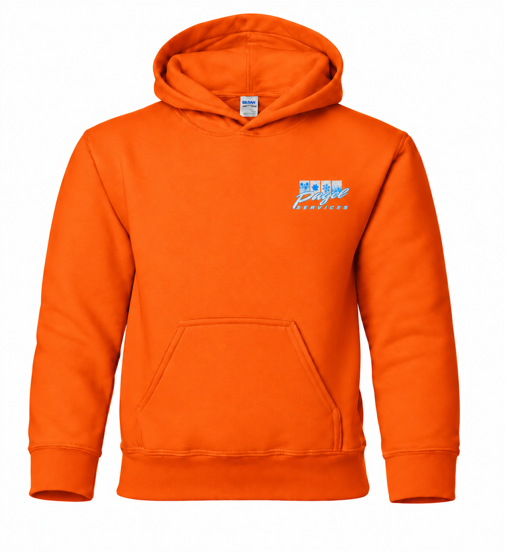 Youth Pagel Services orange hoodie — front view
